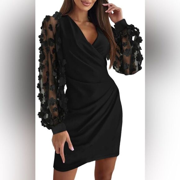 Elegant Black Dress with Floral Sleeves - Picture 1 of 10
